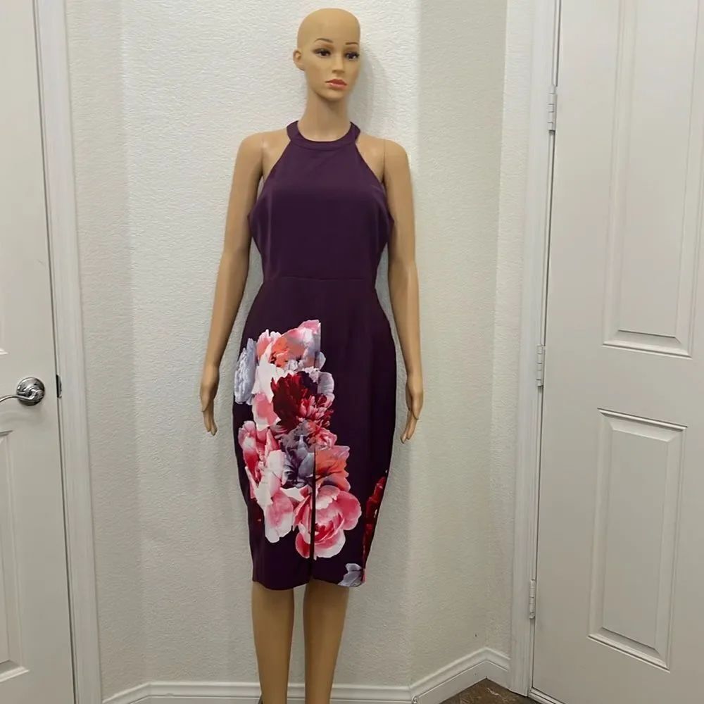 Keepsake Dress Medium Plum Purple Halter Sleeve Backless Floral Slit Front